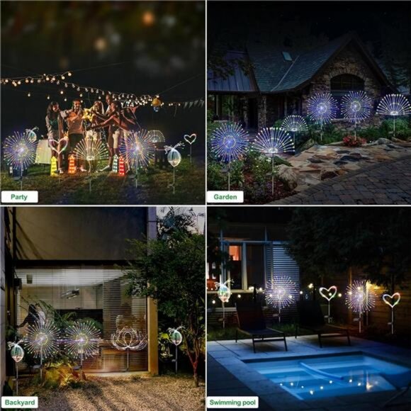 Solar Garden Lights Outdoor Waterproof, 2 Pack 120 LED Solar Firework Lights - Picture 5 of 7